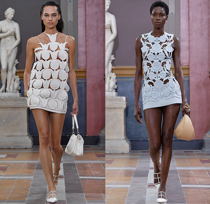 Valentino L'École 2024 Spring Summer Womens Runway Collection - Paris Fashion Week Femme PFW - Altorilievo High Relief Trompe L'oeil Hibiscus Flowers Floral Pineapple Fruit Birds Vine Leaves Baroque Cutout Waist Sculpting Ornate Sheer Tulle Mesh Fishnet Embroidery Shirtdress Micro Dress Halterneck Noodle Strap Gown Coat Cloak Poncho Denim Jeans Blazer Shorts Wide Leg Baggy Furisode Draped Sleeves Cape One Shoulder Bedazzled Crystals Beads Moon VLogo Bag Flats Sneakers Sandals