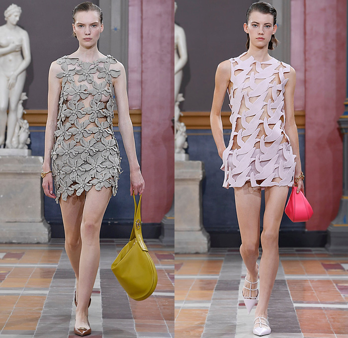 Valentino L'École 2024 Spring Summer Womens Runway Collection - Paris Fashion Week Femme PFW - Altorilievo High Relief Trompe L'oeil Hibiscus Flowers Floral Pineapple Fruit Birds Vine Leaves Baroque Cutout Waist Sculpting Ornate Sheer Tulle Mesh Fishnet Embroidery Shirtdress Micro Dress Halterneck Noodle Strap Gown Coat Cloak Poncho Denim Jeans Blazer Shorts Wide Leg Baggy Furisode Draped Sleeves Cape One Shoulder Bedazzled Crystals Beads Moon VLogo Bag Flats Sneakers Sandals