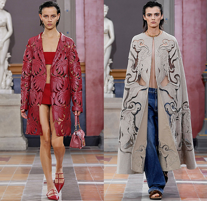 Valentino L'École 2024 Spring Summer Womens Runway Collection - Paris Fashion Week Femme PFW - Altorilievo High Relief Trompe L'oeil Hibiscus Flowers Floral Pineapple Fruit Birds Vine Leaves Baroque Cutout Waist Sculpting Ornate Sheer Tulle Mesh Fishnet Embroidery Shirtdress Micro Dress Halterneck Noodle Strap Gown Coat Cloak Poncho Denim Jeans Blazer Shorts Wide Leg Baggy Furisode Draped Sleeves Cape One Shoulder Bedazzled Crystals Beads Moon VLogo Bag Flats Sneakers Sandals
