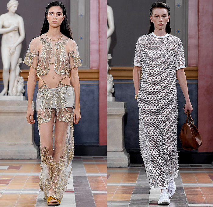 Valentino L'École 2024 Spring Summer Womens Runway Collection - Paris Fashion Week Femme PFW - Altorilievo High Relief Trompe L'oeil Hibiscus Flowers Floral Pineapple Fruit Birds Vine Leaves Baroque Cutout Waist Sculpting Ornate Sheer Tulle Mesh Fishnet Embroidery Shirtdress Micro Dress Halterneck Noodle Strap Gown Coat Cloak Poncho Denim Jeans Blazer Shorts Wide Leg Baggy Furisode Draped Sleeves Cape One Shoulder Bedazzled Crystals Beads Moon VLogo Bag Flats Sneakers Sandals