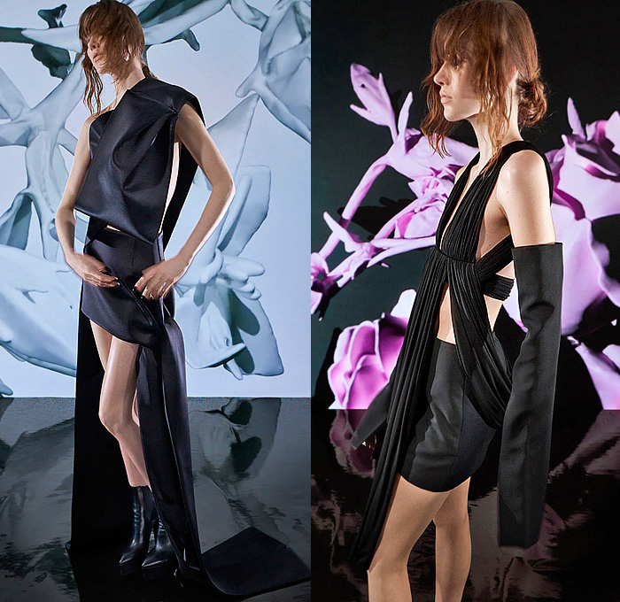 Vera Wang 2024 Spring Summer Womens Lookbook - Haute Collection - Molded Double Cup Bra Bandeau Crop Top Midriff Flounce Jacket Sleeves Cargo Pockets Sash Oversized Bow Draped Cowl Harness Plunging U-neck Dress Pleats Cinch Ball Gown Peplum Sculptural Vest Puffer Crepe Bow Mermaid Skirt Lamé Flowers Floral Sheer Tulle Strapless Gauntlet Trousers Miniskirt Opera Gloves Boots