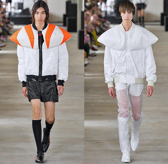 Walter Van Beirendonck 2024 Spring Summer Mens Runway Collection - Paris Fashion Week Homme Printemps Eté - Dawleetoo Football Shoulders Alien Alphabet Hieroglyphics Symbols Bomber Jacket Shorts Sheer Transparent Plastic Quilted Puffer Suit Blazer Patchwork Outerwear Coat Wide Leg Baggy W Vest Gilet Sleeveless Pads Chaps Shirt Ruffles Frills Pussy Bow Shirtdress Onesie Painting Plastic Bag Skeleton Skull Anatomy Mask Balaclava Leggings Tights Stripes Socks Bunny Ears Derby Shoes