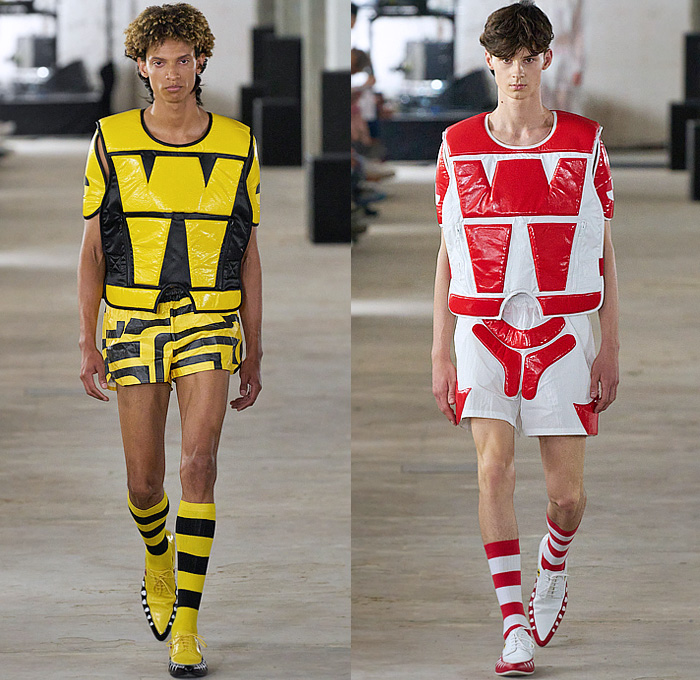 Walter Van Beirendonck 2024 Spring Summer Mens Runway Collection - Paris Fashion Week Homme Printemps Eté - Dawleetoo Football Shoulders Alien Alphabet Hieroglyphics Symbols Bomber Jacket Shorts Sheer Transparent Plastic Quilted Puffer Suit Blazer Patchwork Outerwear Coat Wide Leg Baggy W Vest Gilet Sleeveless Pads Chaps Shirt Ruffles Frills Pussy Bow Shirtdress Onesie Painting Plastic Bag Skeleton Skull Anatomy Mask Balaclava Leggings Tights Stripes Socks Bunny Ears Derby Shoes