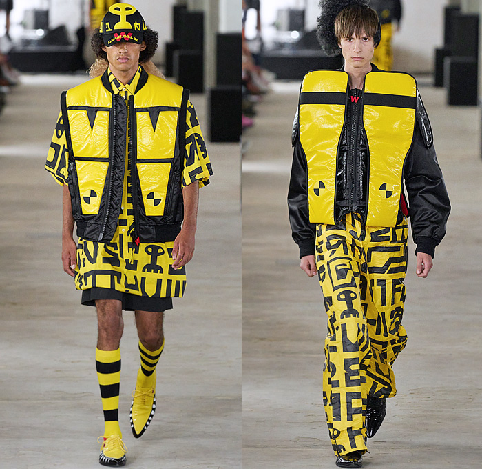 Walter Van Beirendonck 2024 Spring Summer Mens Runway Collection - Paris Fashion Week Homme Printemps Eté - Dawleetoo Football Shoulders Alien Alphabet Hieroglyphics Symbols Bomber Jacket Shorts Sheer Transparent Plastic Quilted Puffer Suit Blazer Patchwork Outerwear Coat Wide Leg Baggy W Vest Gilet Sleeveless Pads Chaps Shirt Ruffles Frills Pussy Bow Shirtdress Onesie Painting Plastic Bag Skeleton Skull Anatomy Mask Balaclava Leggings Tights Stripes Socks Bunny Ears Derby Shoes