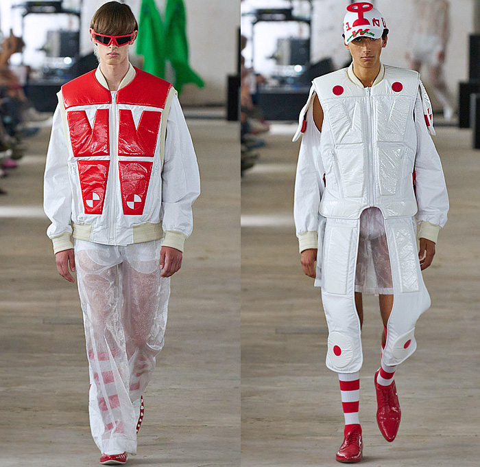 Walter Van Beirendonck 2024 Spring Summer Mens Runway Collection - Paris Fashion Week Homme Printemps Eté - Dawleetoo Football Shoulders Alien Alphabet Hieroglyphics Symbols Bomber Jacket Shorts Sheer Transparent Plastic Quilted Puffer Suit Blazer Patchwork Outerwear Coat Wide Leg Baggy W Vest Gilet Sleeveless Pads Chaps Shirt Ruffles Frills Pussy Bow Shirtdress Onesie Painting Plastic Bag Skeleton Skull Anatomy Mask Balaclava Leggings Tights Stripes Socks Bunny Ears Derby Shoes