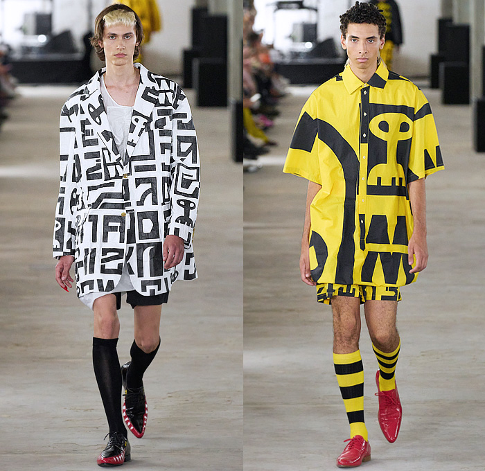 Walter Van Beirendonck 2024 Spring Summer Mens Runway Collection - Paris Fashion Week Homme Printemps Eté - Dawleetoo Football Shoulders Alien Alphabet Hieroglyphics Symbols Bomber Jacket Shorts Sheer Transparent Plastic Quilted Puffer Suit Blazer Patchwork Outerwear Coat Wide Leg Baggy W Vest Gilet Sleeveless Pads Chaps Shirt Ruffles Frills Pussy Bow Shirtdress Onesie Painting Plastic Bag Skeleton Skull Anatomy Mask Balaclava Leggings Tights Stripes Socks Bunny Ears Derby Shoes