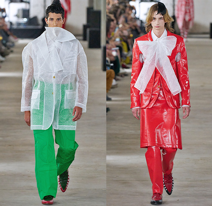 Walter Van Beirendonck 2024 Spring Summer Mens Runway Collection - Paris Fashion Week Homme Printemps Eté - Dawleetoo Football Shoulders Alien Alphabet Hieroglyphics Symbols Bomber Jacket Shorts Sheer Transparent Plastic Quilted Puffer Suit Blazer Patchwork Outerwear Coat Wide Leg Baggy W Vest Gilet Sleeveless Pads Chaps Shirt Ruffles Frills Pussy Bow Shirtdress Onesie Painting Plastic Bag Skeleton Skull Anatomy Mask Balaclava Leggings Tights Stripes Socks Bunny Ears Derby Shoes