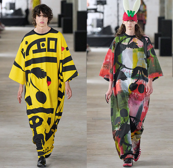 Walter Van Beirendonck 2024 Spring Summer Mens Runway Collection - Paris Fashion Week Homme Printemps Eté - Dawleetoo Football Shoulders Alien Alphabet Hieroglyphics Symbols Bomber Jacket Shorts Sheer Transparent Plastic Quilted Puffer Suit Blazer Patchwork Outerwear Coat Wide Leg Baggy W Vest Gilet Sleeveless Pads Chaps Shirt Ruffles Frills Pussy Bow Shirtdress Onesie Painting Plastic Bag Skeleton Skull Anatomy Mask Balaclava Leggings Tights Stripes Socks Bunny Ears Derby Shoes