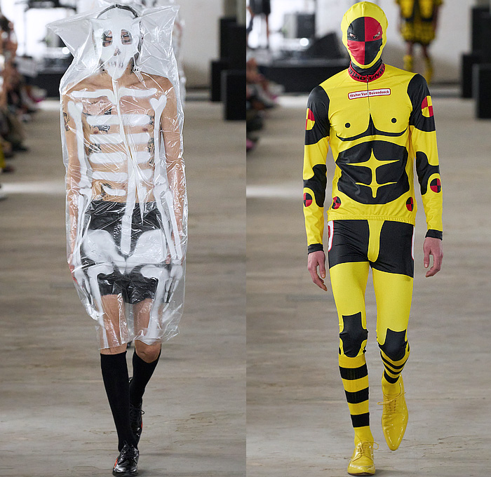 Walter Van Beirendonck 2024 Spring Summer Mens Runway Collection - Paris Fashion Week Homme Printemps Eté - Dawleetoo Football Shoulders Alien Alphabet Hieroglyphics Symbols Bomber Jacket Shorts Sheer Transparent Plastic Quilted Puffer Suit Blazer Patchwork Outerwear Coat Wide Leg Baggy W Vest Gilet Sleeveless Pads Chaps Shirt Ruffles Frills Pussy Bow Shirtdress Onesie Painting Plastic Bag Skeleton Skull Anatomy Mask Balaclava Leggings Tights Stripes Socks Bunny Ears Derby Shoes