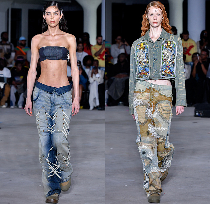 Who Decides War 2024 Spring Summer Mens Womens Runway Collection - New York Fashion Week NYFW - Alterations Consultants - Cathedral Stained Glass Windows Rhinestones Bandeau Shoelaces Denim Jeans Embellished Destroyed Bullet Patchwork Patches Crop Top Midriff Check Belts Straps Rings Medieval Miniskirt Pencil Skirt Illustration Hood Balaclava Utility Pockets Corset Opera Gloves Sheer Tulle Cargo Pants Strings Coat Blazer Vest Shorts Quilted Astronaut Pants Handbag Snakeskin Boots