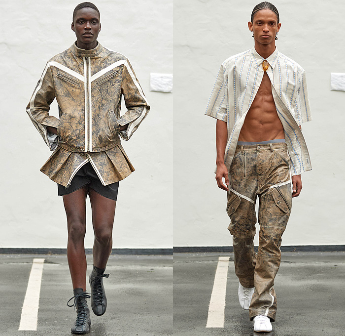 Wood Wood 2024 Spring Summer Mens Runway Collection - Copenhagen Fashion Week Denmark CPHFW København - SolidAir - Chain Neck Tie Shirt Patchwork Jeans Mesh Fishnet Hoodie Sweatshirt Shorts Tights Leggings Grunge Marbled Motorcycle Moto Jacket Peplum Pockets Biker Pants Suit Blazer Knit Crochet Grey Boots Boxing Shoes