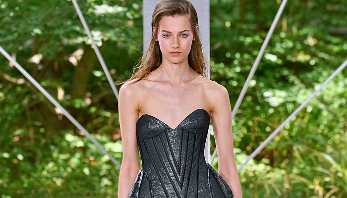 ArdAzAei Fall 2025 Couture runway look – sea urchin-inspired silk gown with sculptural marine details in pastel tones