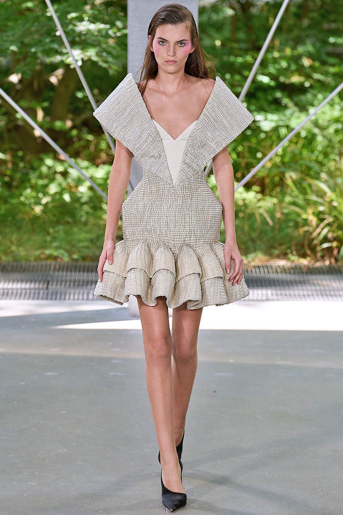 ArdAzAei Fall 2025 Couture runway look – sea urchin-inspired silk gown with sculptural marine details in pastel tones