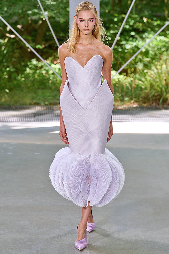 ArdAzAei Fall 2025 Couture runway look – sea urchin-inspired silk gown with sculptural marine details in pastel tones