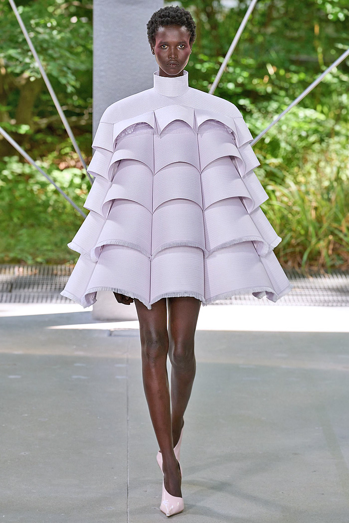 ArdAzAei Fall 2025 Couture runway look – sea urchin-inspired silk gown with sculptural marine details in pastel tones