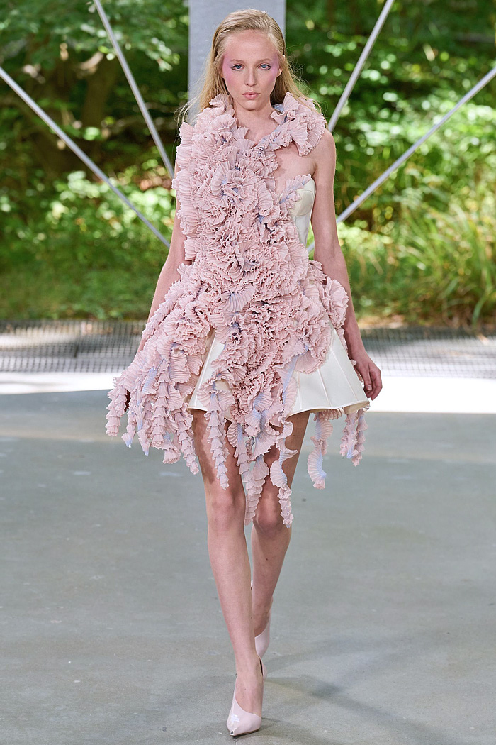 ArdAzAei Fall 2025 Couture runway look – sea urchin-inspired silk gown with sculptural marine details in pastel tones