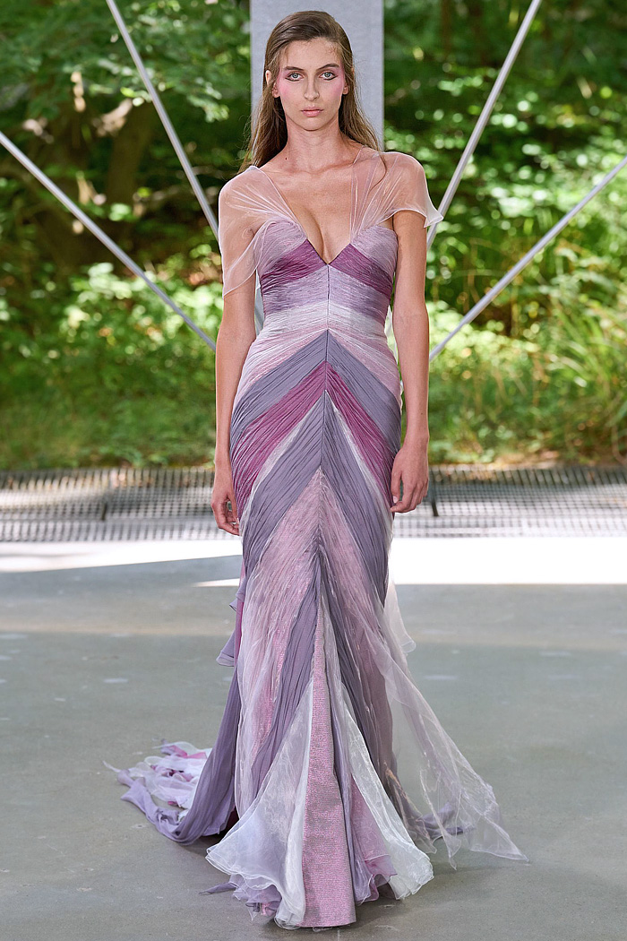 ArdAzAei Fall 2025 Couture runway look – sea urchin-inspired silk gown with sculptural marine details in pastel tones