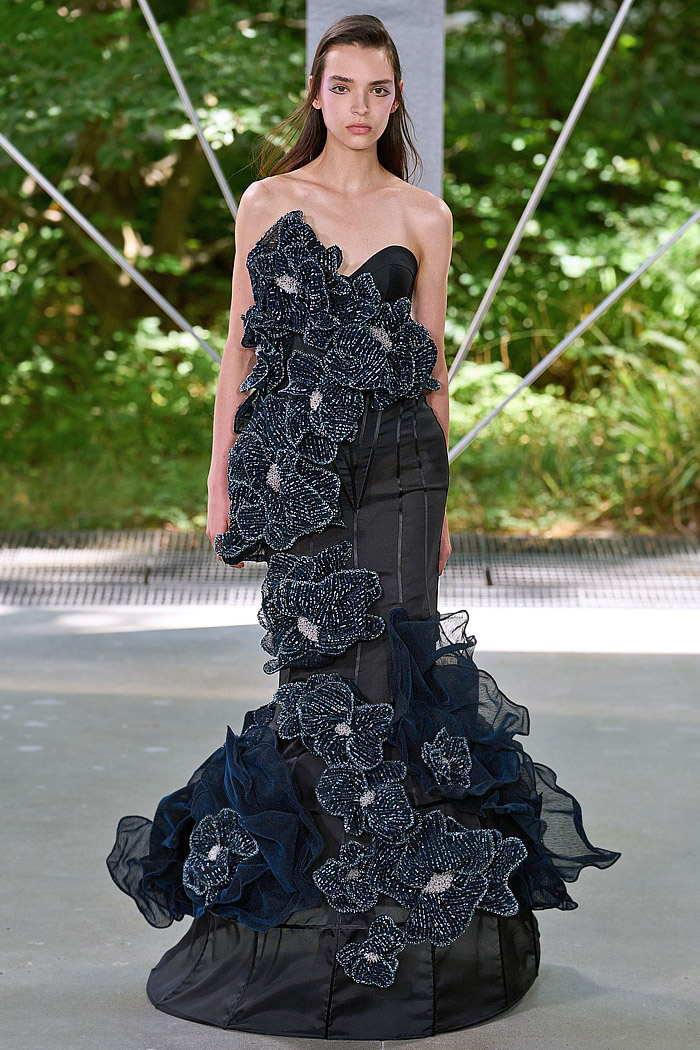 ArdAzAei Fall 2025 Couture runway look – sea urchin-inspired silk gown with sculptural marine details in pastel tones