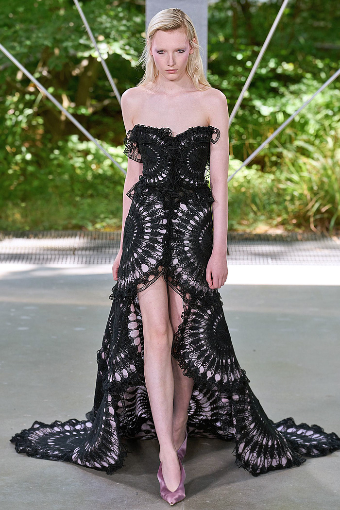 ArdAzAei Fall 2025 Couture runway look – sea urchin-inspired silk gown with sculptural marine details in pastel tones