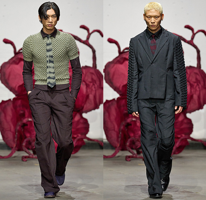 Chet Lo 2025-2026 Fall Autumn Winter Mens Runway Collection - London Fashion Week LFW UK - Modern Antiquity - Durian Spikes Knit Knitwear Shirt Tromp L'oeil Neck Tie Stripes Tiger Stripes Mesh Grill Grille Pattern Sweater Jumper Suit Blazer Trousers Pleats