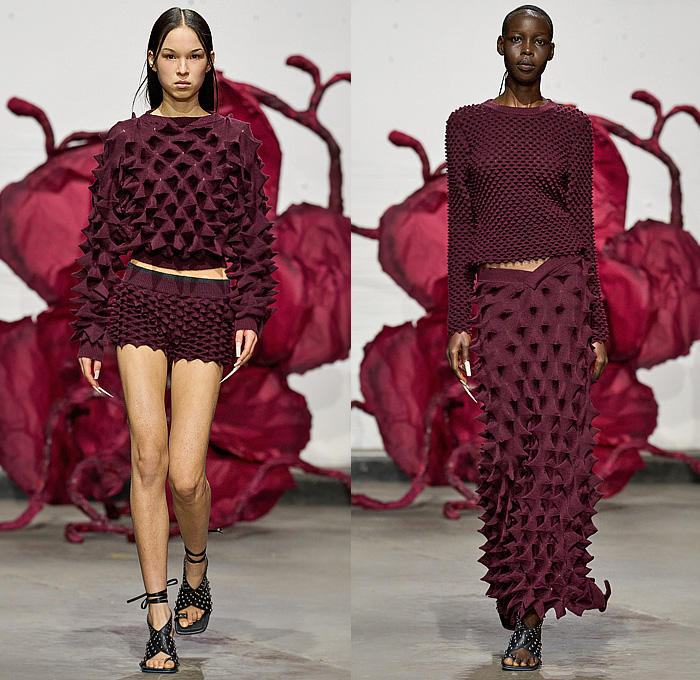 Chet Lo 2025-2026 Fall Autumn Winter Womens Runway Collection - London Fashion Week LFW UK - Modern Antiquity - Durian Spikes Knit Trompe L'oeil Sweater Jumper Cardigan Capri Shorts Skirt Strapless Open Shoulders Dress Gown Eveningwear Embossed Engraved Miniskirt Mesh Grill Grille Pattern Jacket One Shoulder Off Shoulder Animal Tiger Stripes Claws Sweatpants Gladiator Sandals Metal Studs