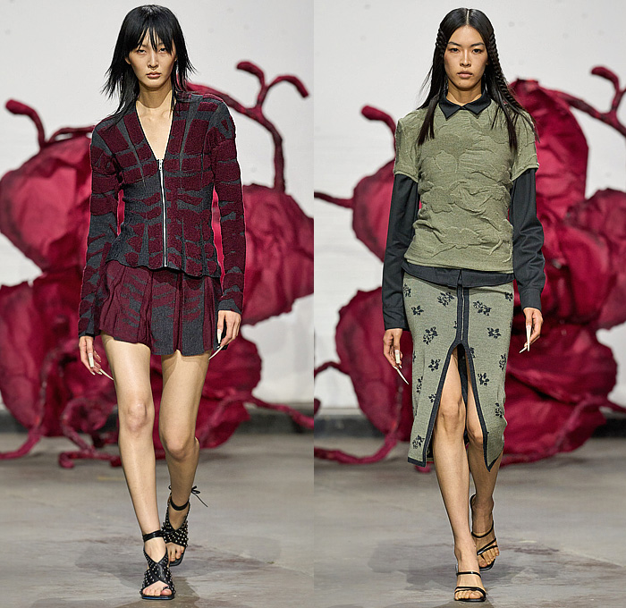 Chet Lo 2025-2026 Fall Autumn Winter Womens Runway Collection - London Fashion Week LFW UK - Modern Antiquity - Durian Spikes Knit Trompe L'oeil Sweater Jumper Cardigan Capri Shorts Skirt Strapless Open Shoulders Dress Gown Eveningwear Embossed Engraved Miniskirt Mesh Grill Grille Pattern Jacket One Shoulder Off Shoulder Animal Tiger Stripes Claws Sweatpants Gladiator Sandals Metal Studs