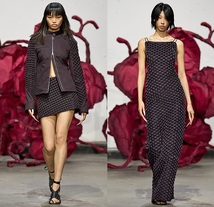 Chet Lo 2025-2026 Fall Autumn Winter Womens Runway Collection - London Fashion Week LFW UK - Modern Antiquity - Durian Spikes Knit Trompe L'oeil Sweater Jumper Cardigan Capri Shorts Skirt Strapless Open Shoulders Dress Gown Eveningwear Embossed Engraved Miniskirt Mesh Grill Grille Pattern Jacket One Shoulder Off Shoulder Animal Tiger Stripes Claws Sweatpants Gladiator Sandals Metal Studs