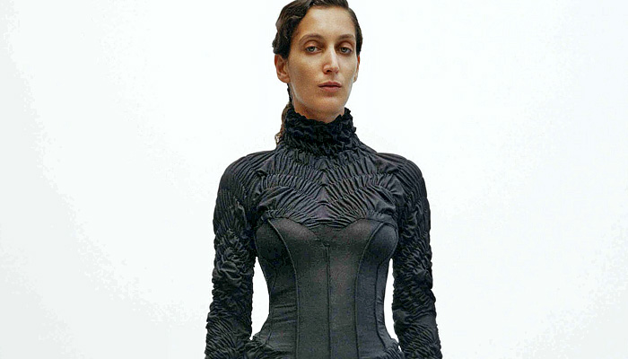 Feben 2025-2026 Fall Autumn Winter Womens Lookbook - London Fashion Week LFW UK - Ribbed Pleats Cinch Twist Tied  Sculpture Tank Top Lace Embroidery Sheer Tulle Decorative Art Fern Tights Leggings Gingham Check Plaid Patchwork Fur Stripes Draped Ruffles Bucket Skirt Pockets Noodle Strap Criss Cross Waist Silk Satin Cutout Holes Halterneck Turtleneck Corset Maxi Dress One Shoulder Fur Bedazzled Jewels Gems Outerwear Coat Mary Janes Gloves