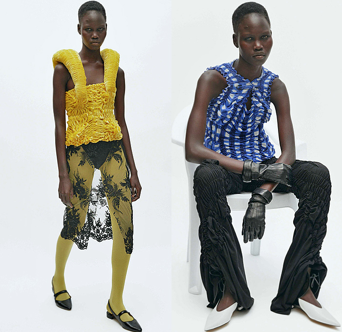 Feben 2025-2026 Fall Autumn Winter Womens Lookbook - London Fashion Week LFW UK - Ribbed Pleats Cinch Twist Tied  Sculpture Tank Top Lace Embroidery Sheer Tulle Decorative Art Fern Tights Leggings Gingham Check Plaid Patchwork Fur Stripes Draped Ruffles Bucket Skirt Pockets Noodle Strap Criss Cross Waist Silk Satin Cutout Holes Halterneck Turtleneck Corset Maxi Dress One Shoulder Fur Bedazzled Jewels Gems Outerwear Coat Mary Janes Gloves