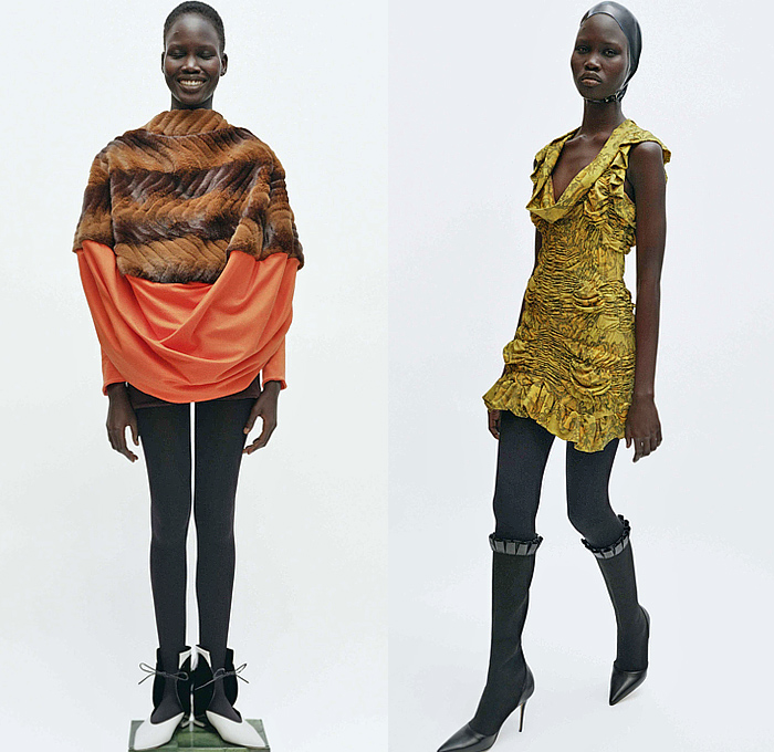 Feben 2025-2026 Fall Autumn Winter Womens Lookbook - London Fashion Week LFW UK - Ribbed Pleats Cinch Twist Tied  Sculpture Tank Top Lace Embroidery Sheer Tulle Decorative Art Fern Tights Leggings Gingham Check Plaid Patchwork Fur Stripes Draped Ruffles Bucket Skirt Pockets Noodle Strap Criss Cross Waist Silk Satin Cutout Holes Halterneck Turtleneck Corset Maxi Dress One Shoulder Fur Bedazzled Jewels Gems Outerwear Coat Mary Janes Gloves