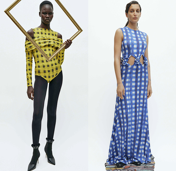 Feben 2025-2026 Fall Autumn Winter Womens Lookbook - London Fashion Week LFW UK - Ribbed Pleats Cinch Twist Tied  Sculpture Tank Top Lace Embroidery Sheer Tulle Decorative Art Fern Tights Leggings Gingham Check Plaid Patchwork Fur Stripes Draped Ruffles Bucket Skirt Pockets Noodle Strap Criss Cross Waist Silk Satin Cutout Holes Halterneck Turtleneck Corset Maxi Dress One Shoulder Fur Bedazzled Jewels Gems Outerwear Coat Mary Janes Gloves