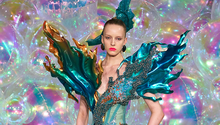 Germanier Les Joueuses Fall 2025 Couture Fashion: bedazzled sequins, crystals, pompoms, balloon gowns, recycled plastic, Hello Kitty details.