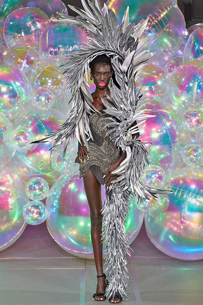 Germanier Les Joueuses Fall 2025 Couture Fashion: bedazzled sequins, crystals, pompoms, balloon gowns, recycled plastic, Hello Kitty details.