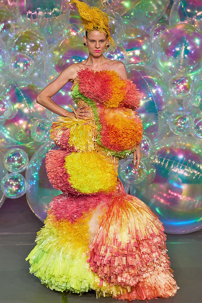Germanier Les Joueuses Fall 2025 Couture Fashion: bedazzled sequins, crystals, pompoms, balloon gowns, recycled plastic, Hello Kitty details.