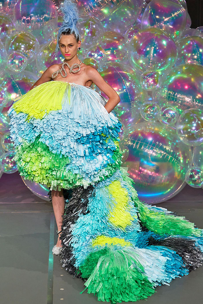 Germanier Les Joueuses Fall 2025 Couture Fashion: bedazzled sequins, crystals, pompoms, balloon gowns, recycled plastic, Hello Kitty details.
