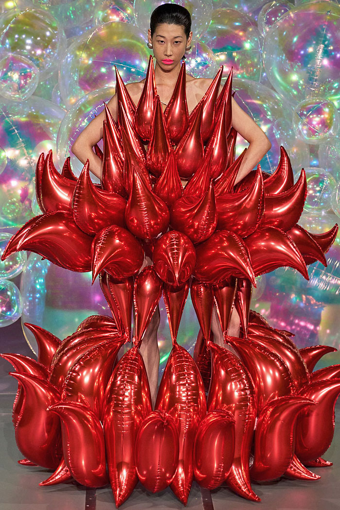 Germanier Les Joueuses Fall 2025 Couture Fashion: bedazzled sequins, crystals, pompoms, balloon gowns, recycled plastic, Hello Kitty details.