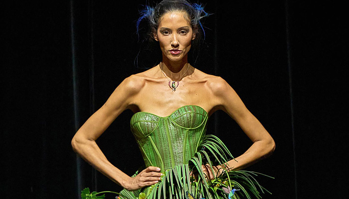 Ronald van der Kemp Fall 2025 Couture: birds, fish, banana leaves, gold corset bustiers, brocade gowns, patchwork knit scraps