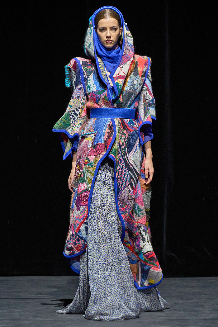 Ronald van der Kemp Fall 2025 Couture: birds, fish, banana leaves, gold corset bustiers, brocade gowns, patchwork knit scraps