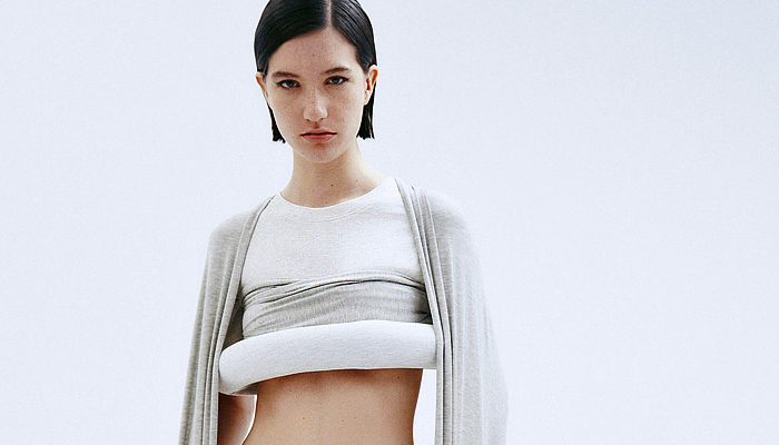 ManéMané 2025 Spring Summer Womens Lookbook - Denim Jeans Frayed Raw Hem Vest Shoelaces Miniskirt Jersey Knit Scarf Draped Pleats Fringes Spots Polka Dots Circles Plates Sequins Bedazzled Loop Swim Tube Coil Ring Stripes Cutout Sweaterdress Crop Top Midriff Suspender Boots