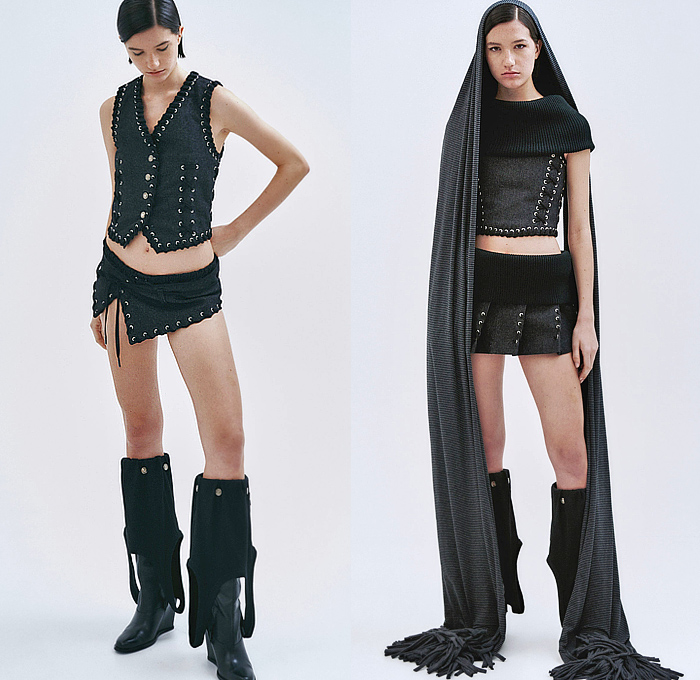 ManéMané 2025 Spring Summer Womens Lookbook - Denim Jeans Frayed Raw Hem Vest Shoelaces Miniskirt Jersey Knit Scarf Draped Pleats Fringes Spots Polka Dots Circles Plates Sequins Bedazzled Loop Swim Tube Coil Ring Stripes Cutout Sweaterdress Crop Top Midriff Suspender Boots
