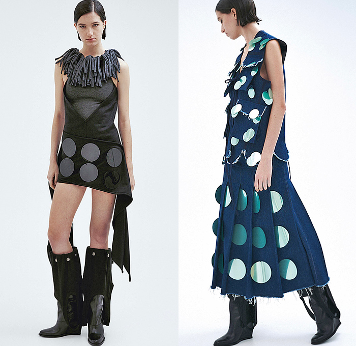 ManéMané 2025 Spring Summer Womens Lookbook - Denim Jeans Frayed Raw Hem Vest Shoelaces Miniskirt Jersey Knit Scarf Draped Pleats Fringes Spots Polka Dots Circles Plates Sequins Bedazzled Loop Swim Tube Coil Ring Stripes Cutout Sweaterdress Crop Top Midriff Suspender Boots