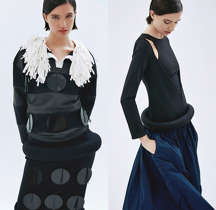 ManéMané 2025 Spring Summer Womens Lookbook - Denim Jeans Frayed Raw Hem Vest Shoelaces Miniskirt Jersey Knit Scarf Draped Pleats Fringes Spots Polka Dots Circles Plates Sequins Bedazzled Loop Swim Tube Coil Ring Stripes Cutout Sweaterdress Crop Top Midriff Suspender Boots
