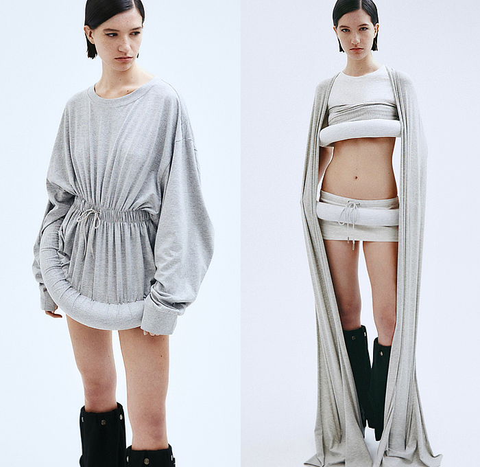 ManéMané 2025 Spring Summer Womens Lookbook - Denim Jeans Frayed Raw Hem Vest Shoelaces Miniskirt Jersey Knit Scarf Draped Pleats Fringes Spots Polka Dots Circles Plates Sequins Bedazzled Loop Swim Tube Coil Ring Stripes Cutout Sweaterdress Crop Top Midriff Suspender Boots