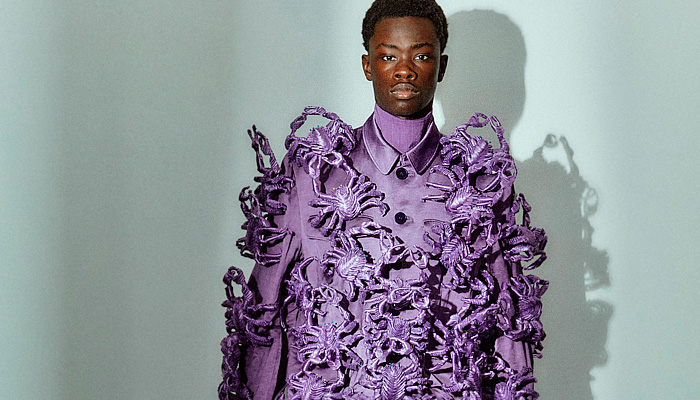 Pronounce 2025 Spring Summer Mens Lookbook - Milano Moda Uomo Primavera Estate Milan Fashion Week - Nautical Ropes Cord Denim Jeans Insects Dragonflies Straws Metal Studs Tank Top Baggy Wide Leg Cargo Pants Utility Pockets Patchwork Shorts Outerwear Coat Mao Suit Knit Cardigan Sweater Jumper Vest Asymmetrical Mesh Fishnet Holes Grapes Crabs Pastel Purple Lilac Lime Green Painted Sneakers