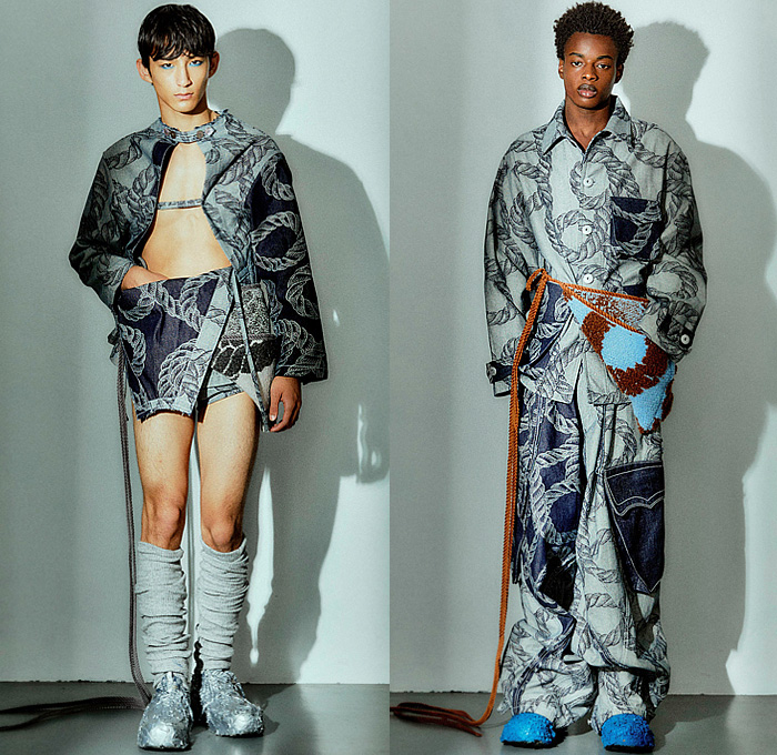 Pronounce 2025 Spring Summer Mens Lookbook - Milano Moda Uomo Primavera Estate Milan Fashion Week - Nautical Ropes Cord Denim Jeans Insects Dragonflies Straws Metal Studs Tank Top Baggy Wide Leg Cargo Pants Utility Pockets Patchwork Shorts Outerwear Coat Mao Suit Knit Cardigan Sweater Jumper Vest Asymmetrical Mesh Fishnet Holes Grapes Crabs Pastel Purple Lilac Lime Green Painted Sneakers