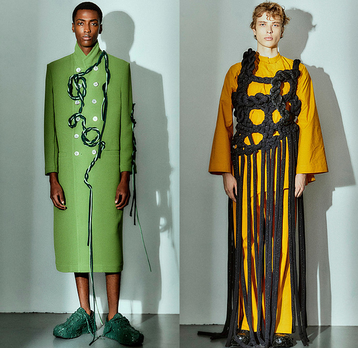 Pronounce 2025 Spring Summer Mens Lookbook - Milano Moda Uomo Primavera Estate Milan Fashion Week - Nautical Ropes Cord Denim Jeans Insects Dragonflies Straws Metal Studs Tank Top Baggy Wide Leg Cargo Pants Utility Pockets Patchwork Shorts Outerwear Coat Mao Suit Knit Cardigan Sweater Jumper Vest Asymmetrical Mesh Fishnet Holes Grapes Crabs Pastel Purple Lilac Lime Green Painted Sneakers