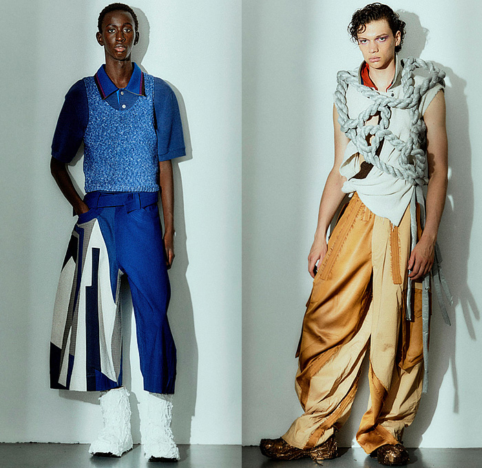 Pronounce 2025 Spring Summer Mens Lookbook - Milano Moda Uomo Primavera Estate Milan Fashion Week - Nautical Ropes Cord Denim Jeans Insects Dragonflies Straws Metal Studs Tank Top Baggy Wide Leg Cargo Pants Utility Pockets Patchwork Shorts Outerwear Coat Mao Suit Knit Cardigan Sweater Jumper Vest Asymmetrical Mesh Fishnet Holes Grapes Crabs Pastel Purple Lilac Lime Green Painted Sneakers