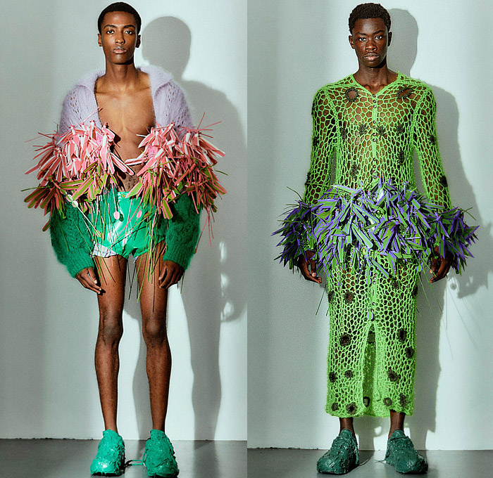 Pronounce 2025 Spring Summer Mens Lookbook - Milano Moda Uomo Primavera Estate Milan Fashion Week - Nautical Ropes Cord Denim Jeans Insects Dragonflies Straws Metal Studs Tank Top Baggy Wide Leg Cargo Pants Utility Pockets Patchwork Shorts Outerwear Coat Mao Suit Knit Cardigan Sweater Jumper Vest Asymmetrical Mesh Fishnet Holes Grapes Crabs Pastel Purple Lilac Lime Green Painted Sneakers