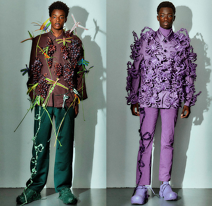 Pronounce 2025 Spring Summer Mens Lookbook - Milano Moda Uomo Primavera Estate Milan Fashion Week - Nautical Ropes Cord Denim Jeans Insects Dragonflies Straws Metal Studs Tank Top Baggy Wide Leg Cargo Pants Utility Pockets Patchwork Shorts Outerwear Coat Mao Suit Knit Cardigan Sweater Jumper Vest Asymmetrical Mesh Fishnet Holes Grapes Crabs Pastel Purple Lilac Lime Green Painted Sneakers