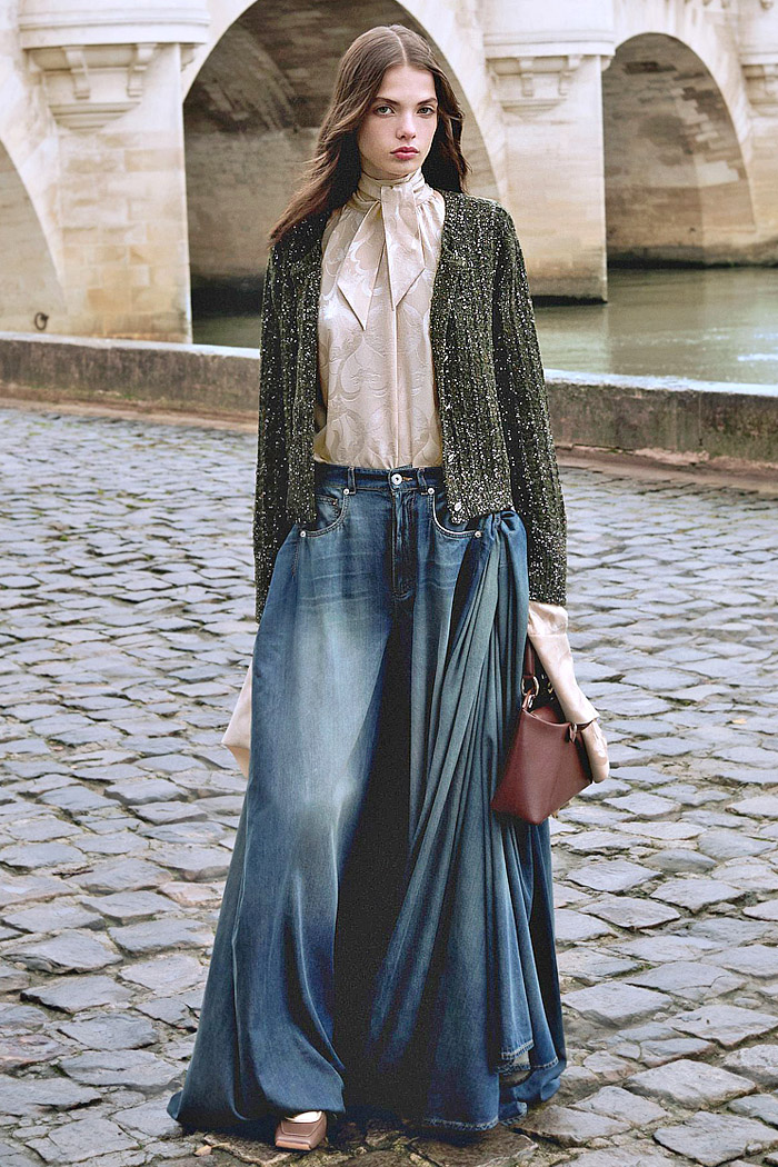 Christian Dior 2026 Pre-Fall Autumn Womens Fashion Trends Looks - Denim Jeans, Ostrich Feathers, Flowers Floral Embroidery, Hybrid Skirtpants, Wide Leg Baggy, Looped Ribbons, Geometric Angular, Concave Cutout Hem Tuxedo Jacket, Draped Curtain, Giant Bows, Capes, Houndstooth, Patchwork, Hoods Christian Dior 2026 Pre-Fall Womens Fashion Trends - Denim Jeans, Embroidery, Baggy, Ribbons, Tux, Draped Curtain, Bows, Capes